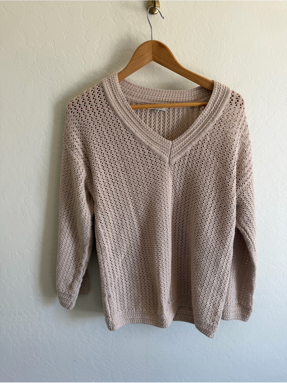 Z SUPPLY Open Knit V-Neck Sweater Beige Sand Oversized - Size XS